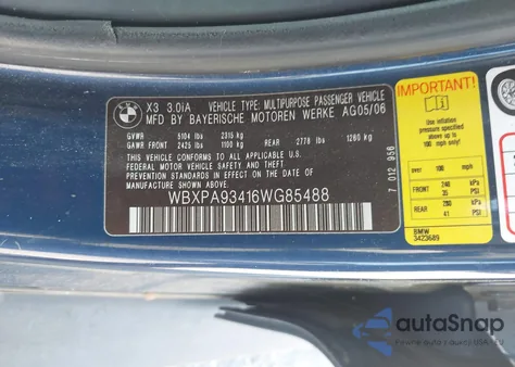 2006 BMW X3 3.0I из США, поврежденный, VIN WBXPA93416WG85488